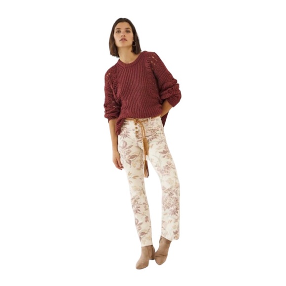 NWTs Pilcro/Anthropologie High Rise Boot Cut Cream & Brown Floral Jeans, Sz 29 - Picture 4 of 13